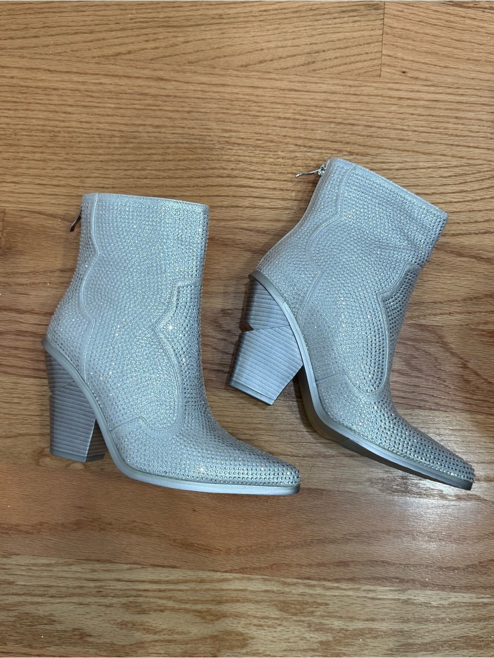 AKIRA Silver Sparkle Ankle Booties with Block Heel